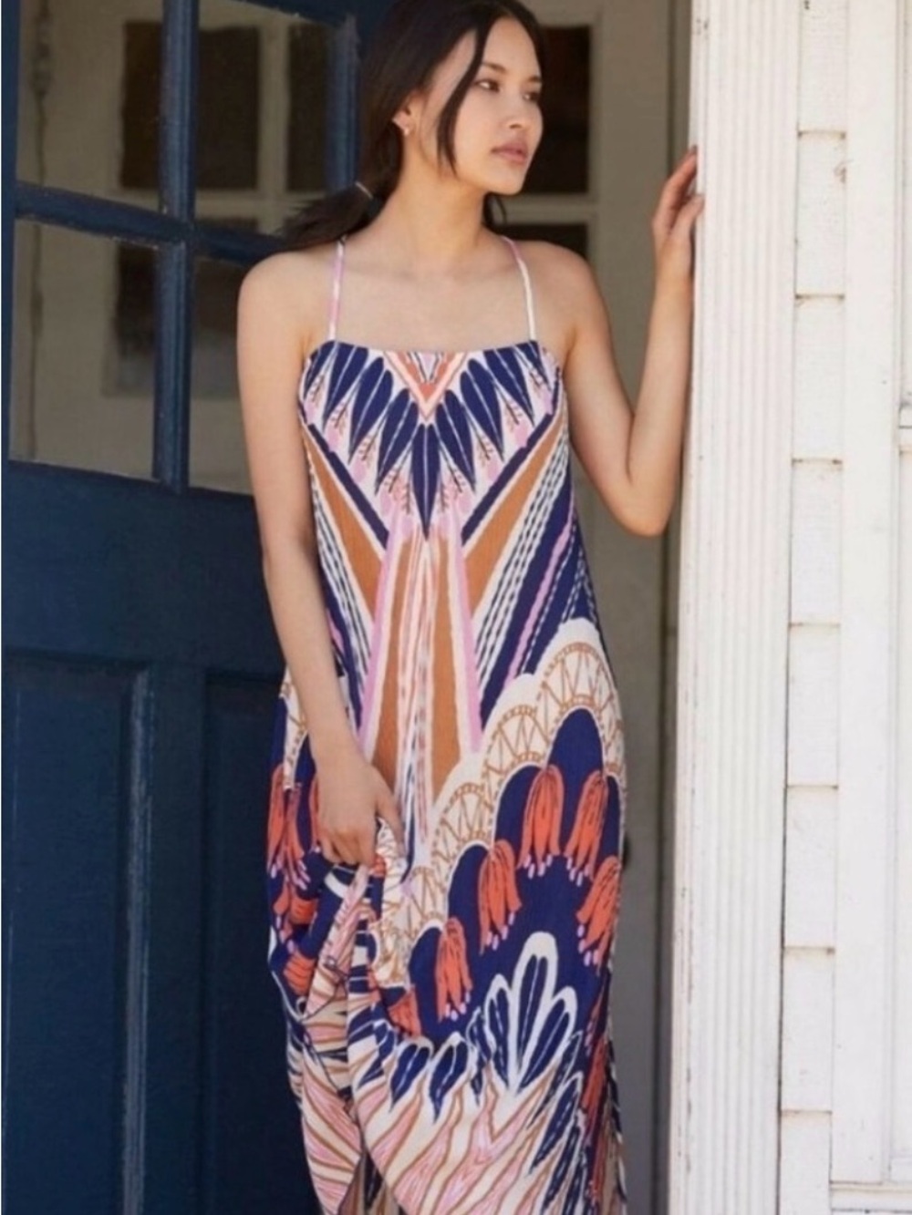 NEW With Tags ANTHROPOLOGIE Deva Plisse Geometric Slip Midi Dress Size Large